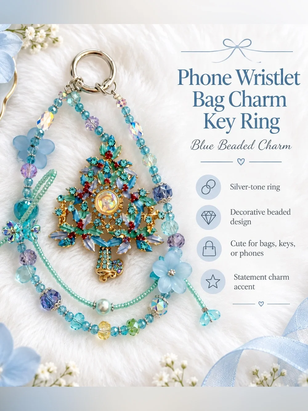 Blue Beaded Crystal Phone Charm Key Ring - Decorative Bag & Phone Accessory